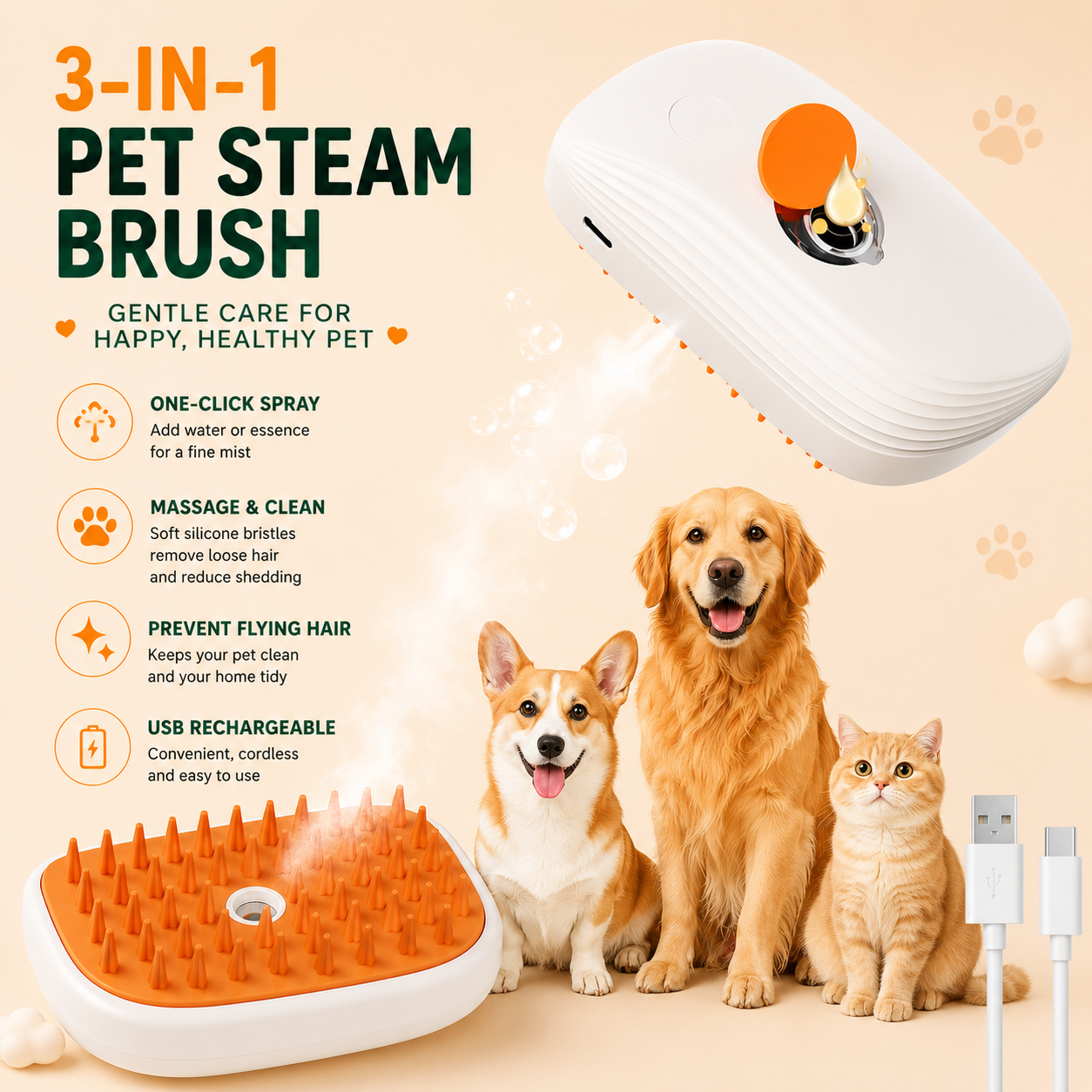 Steam Glow Pet Grooming Brush